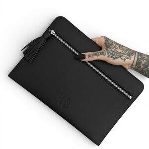 KVD Vegan Beauty Black Flat Faux Leather Zip Pouch Tassel Embossed Logo Clutch